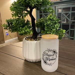 16oz handmade frosted tumbler with bamboo lid & straw. Blessed Mama, waterproof.